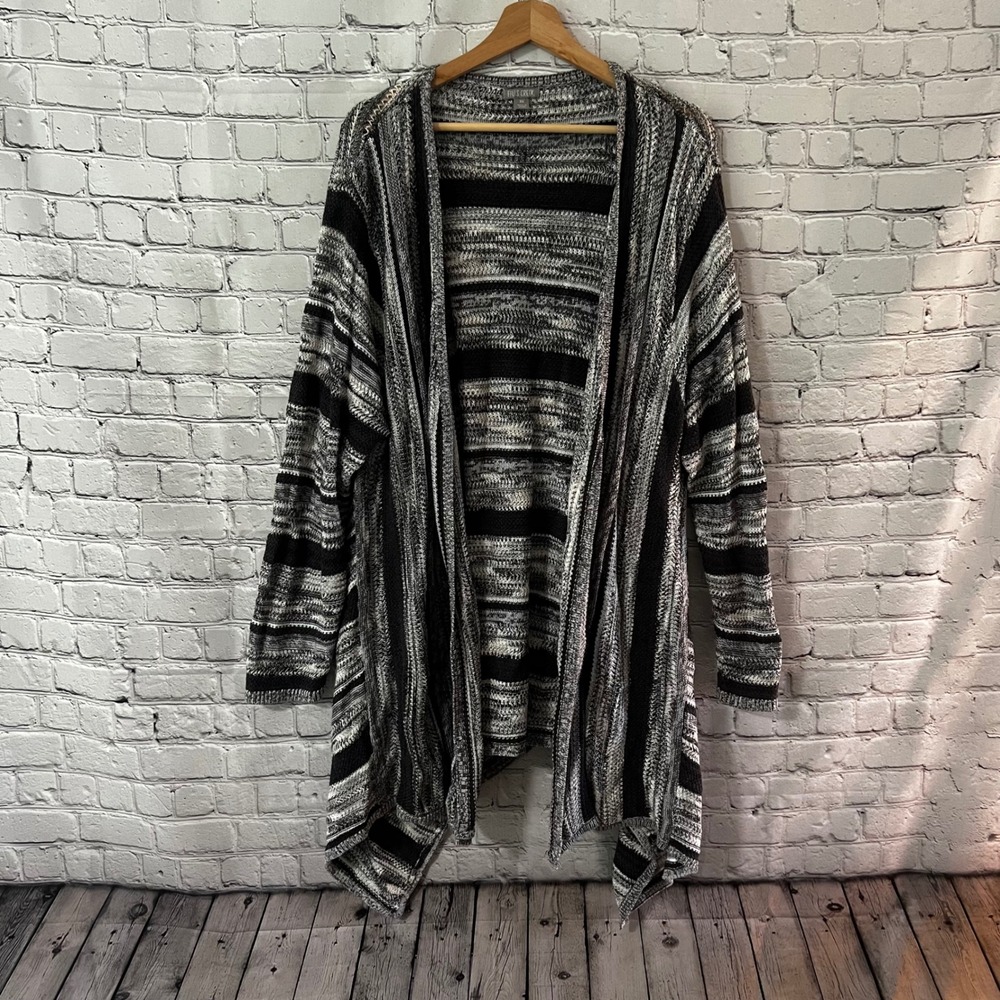 Falls Creek Womens 3X Black White Striped Open Front Cardigan Sweater